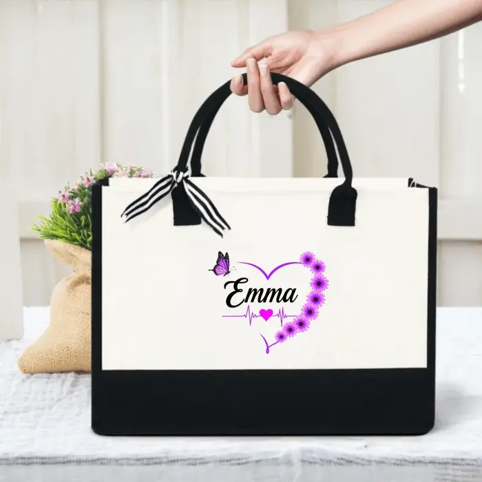 Sac fourre-tout personnalisé noir et blanc avec motif papillon et fleur Emma en forme de cœur pour le shopping