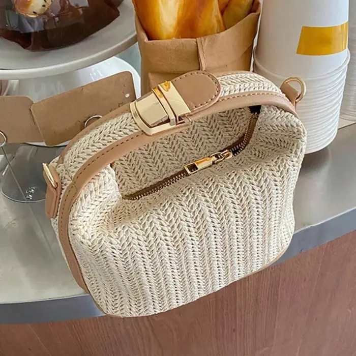 Yogodlns été petit sac à main en paille sac à bandoulière tendance tissé seau sac