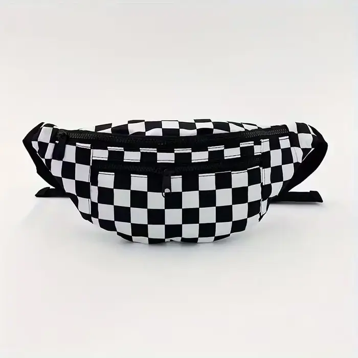 Sac de taille à carreaux noir et blanc pour femme avec poche poitrine à double fermeture éclair, sac