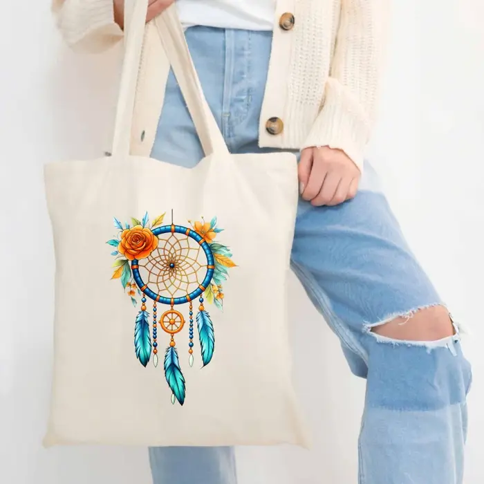 Sac fourre-tout en toile Dream Catcher avec imprimés floraux blancs et plumes pour un usage quotidien et un shopping