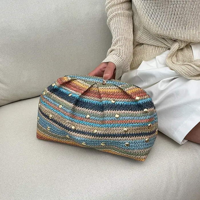 Pochette de soirée en paille tressée à rayures arc-en-ciel, sac à main bohème polyvalent pour femme,