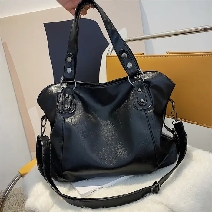 Grands sacs à bandoulière noirs pour femmes, grand sac de shopping Hobo, couleur unie, sac à main en