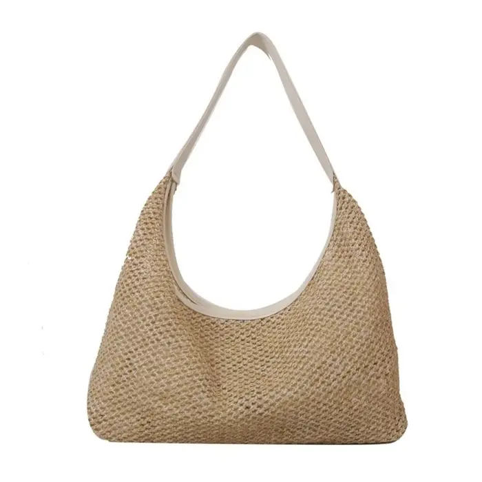 Sac en paille tressé uni mignon, fait main, grande capacité, sac de plage, sac seau, style bohème, s