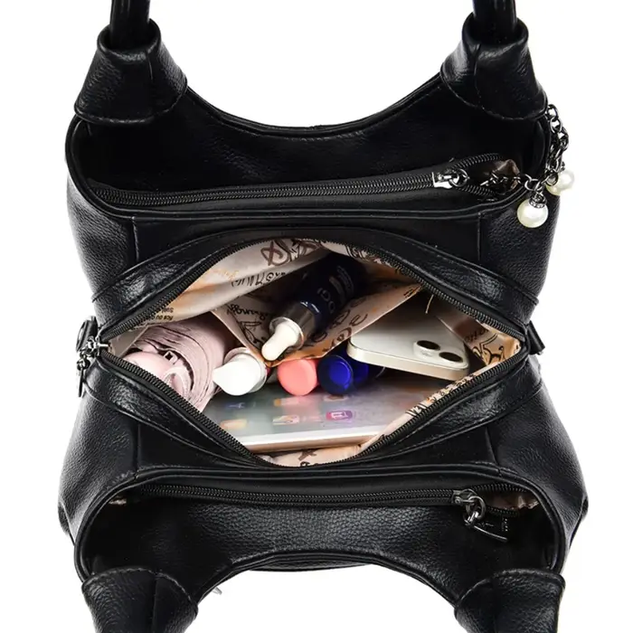 Sac à main hobo en cuir de litchi souple, sac à bandoulière 3 couches avec pendentif feuille de perl