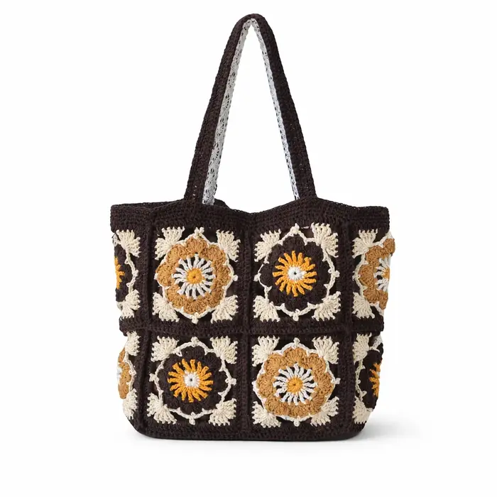 Fil fait à la main Crochet sac à bandoulière Vintage grand-mère carré fourre-tout rétro tricoté fleur motif sac grande capacité Boho décontracté femmes
