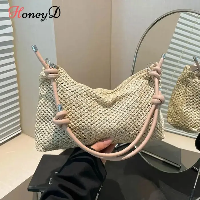 Sac de plage d'été en paille tressé à la main pour femmes et jeunes filles