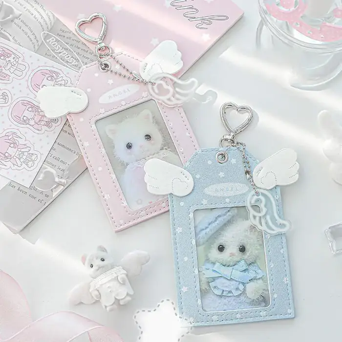 Ensemble de porte-cartes en cuir PU Aile d'ange avec breloque métallique