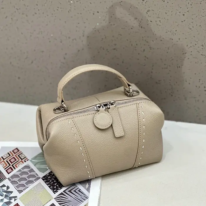 Sac Boston Mini en Cuir de Vachette Véritable pour Femme, Sac Bandoulière de Luxe en Cuir Grainé ave