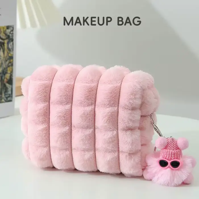 1 sac à maquillage simple et élégant avec pendentif pompon - Sac à maquillage rose doux au toucher, 