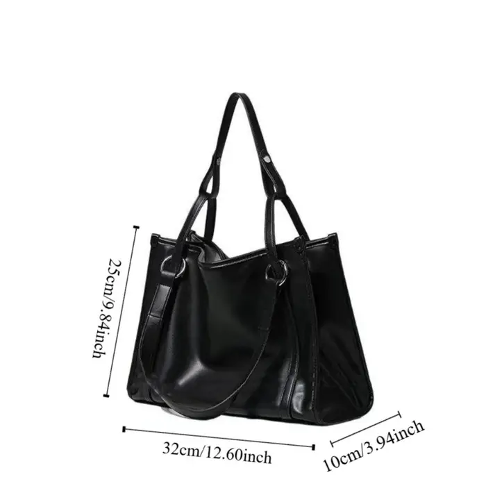 Sac fourre-tout noir en cuir PU pour étudiants et professionnels, sac à bandoulière noir uni, grand sac à main pour le shopping