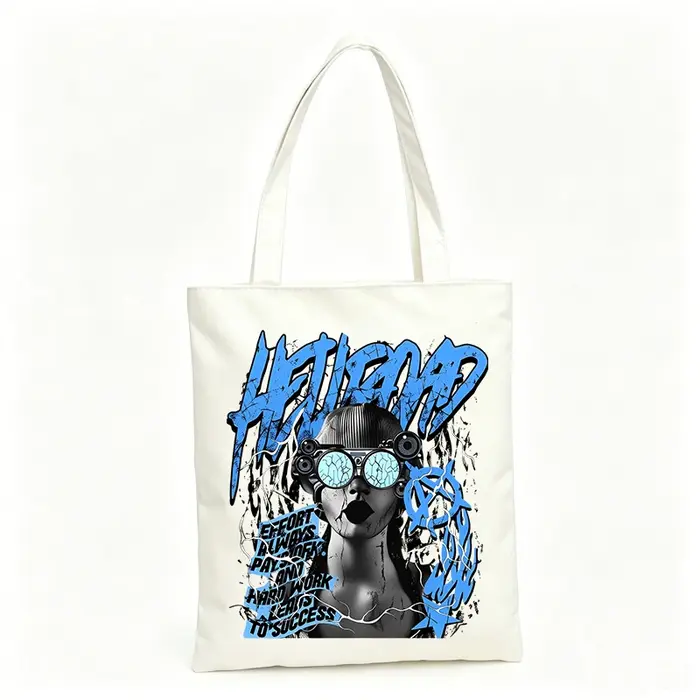 Sac fourre-tout en toile pour femme avec imprimé graphique abstrait et typographie, style streetwear