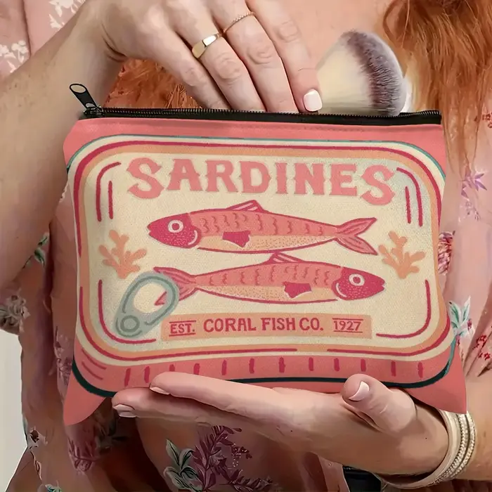 Pochette à fermeture éclair imprimée rose pour sardines fantaisistes