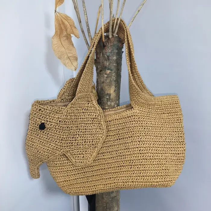 Sac à main en raphia tressé à la main en forme d'éléphant, sac à bandoulière pour femme, sac fourre-