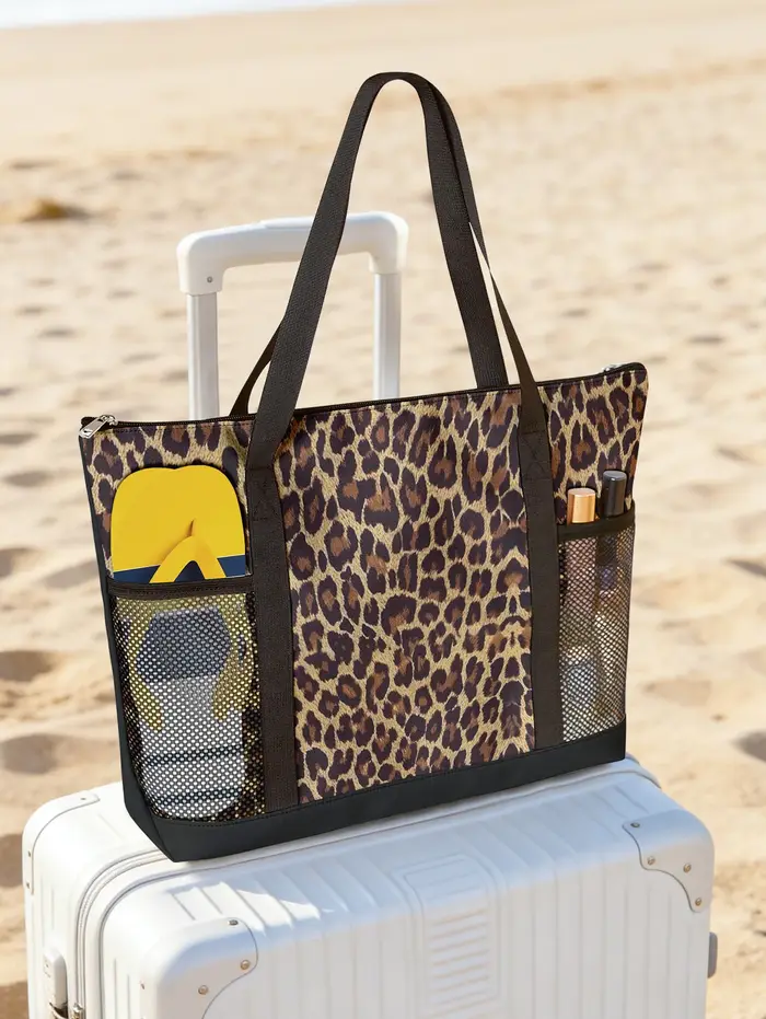 Sac de plage classique à imprimé léopard avec poche latérale en maille