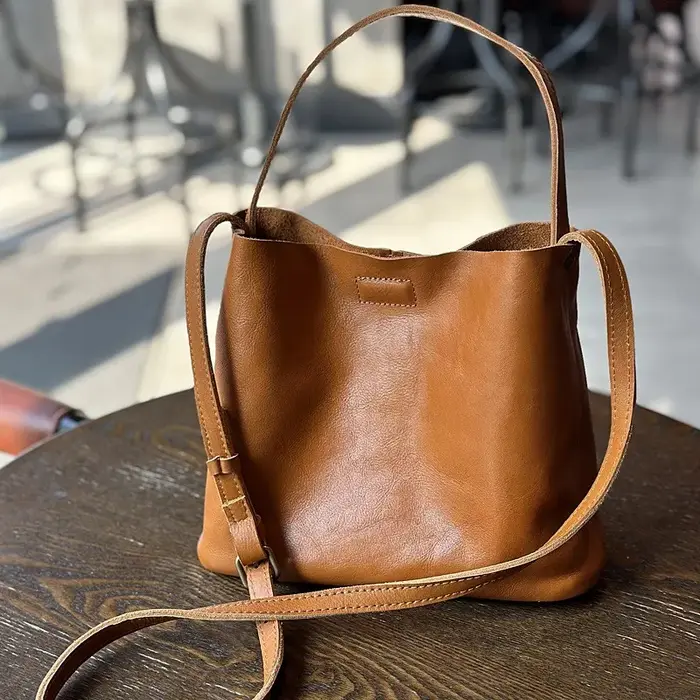 Johnature 2026 Nouveau Sac à bandoulière seau en cuir véritable, style vintage, grande capacité, en 