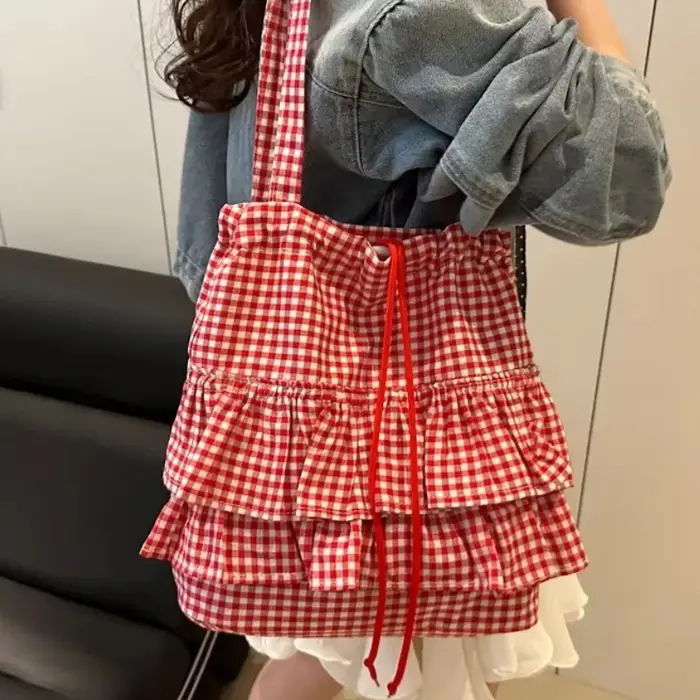 Grande capacité mignon Plaid coton sac fourre-tout dentelle garniture femmes été 2025 Simple dame sac à main doux sacs à bandoulière Bolsa Feminina