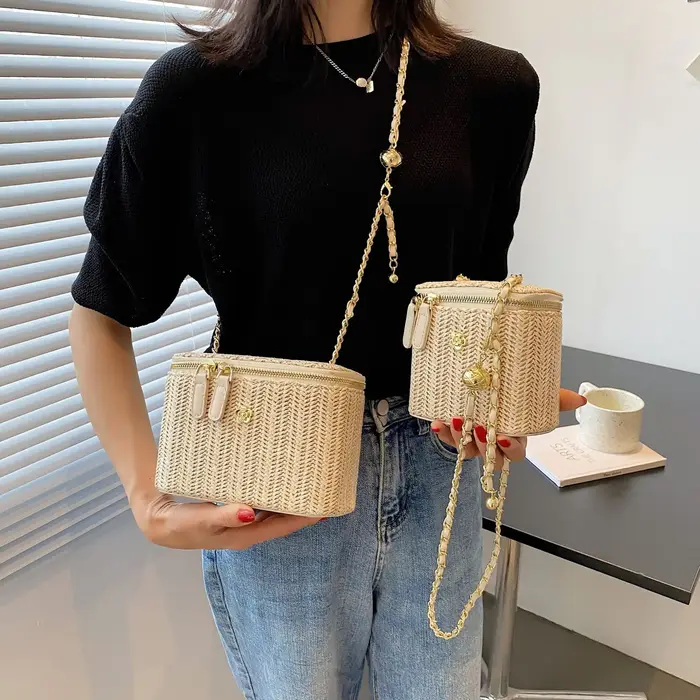 Mini sac à bandoulière seau en paille pour femmes, sacs à main et bourses de marque tissés avec chaî