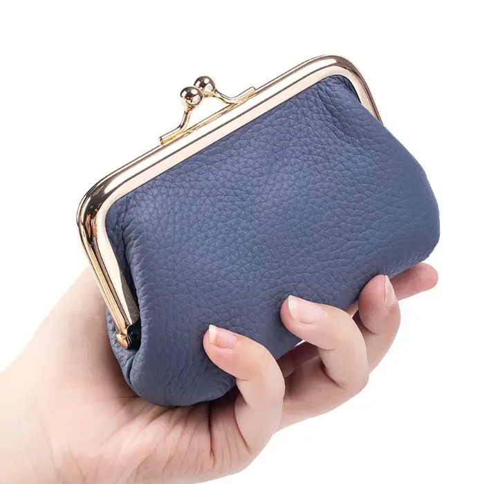 Mini portefeuille Kiss-lock en cuir véritable