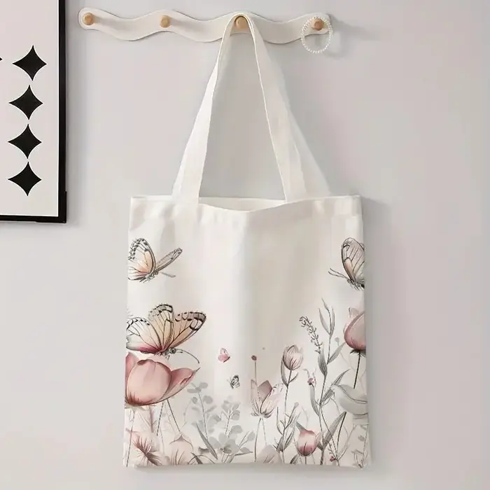 Sac à main en toile à imprimé floral papillon tendance, grande capacité, adapté à un usage quotidien