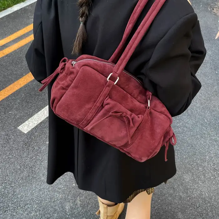 Faux daim couleur unie couture sacs à bandoulière nœud grande capacité déplacements