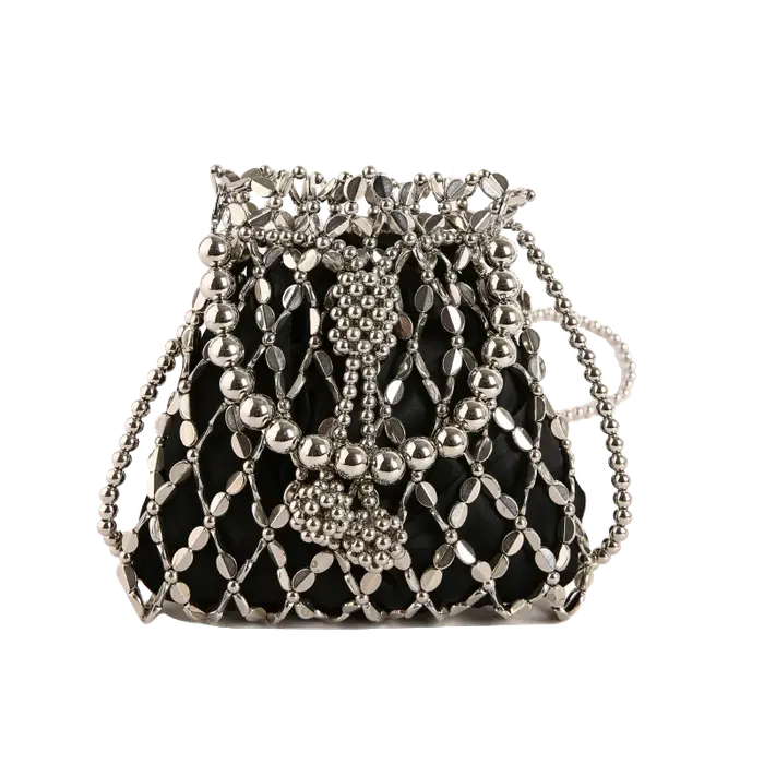 Sac seau perlé argenté scintillant pour femme