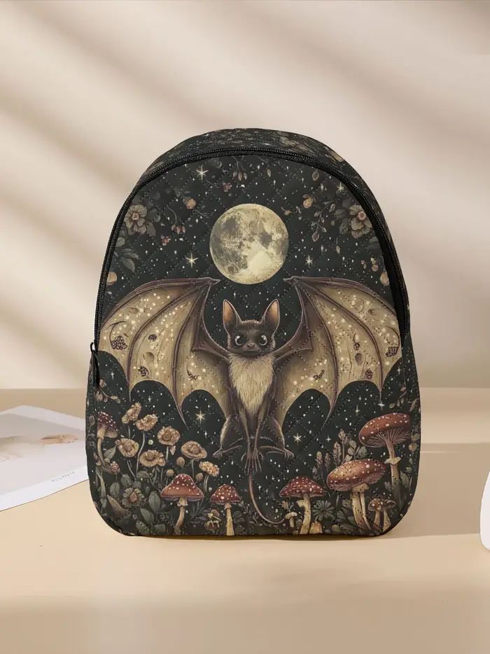 Sac à dos compact matelassé à imprimé floral Bat Moon Mushroom