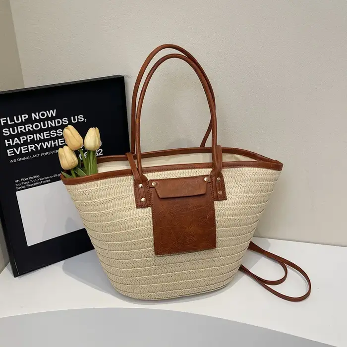 Sac fourre-tout en paille tressée grande capacité style bohème, sac à bandoulière d'été pour la plag