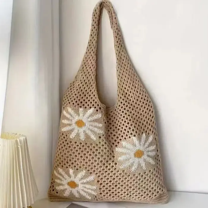 Sac fourre-tout tendance rétro en crochet à motif floral, sac de plage simple en tricot, grande capa