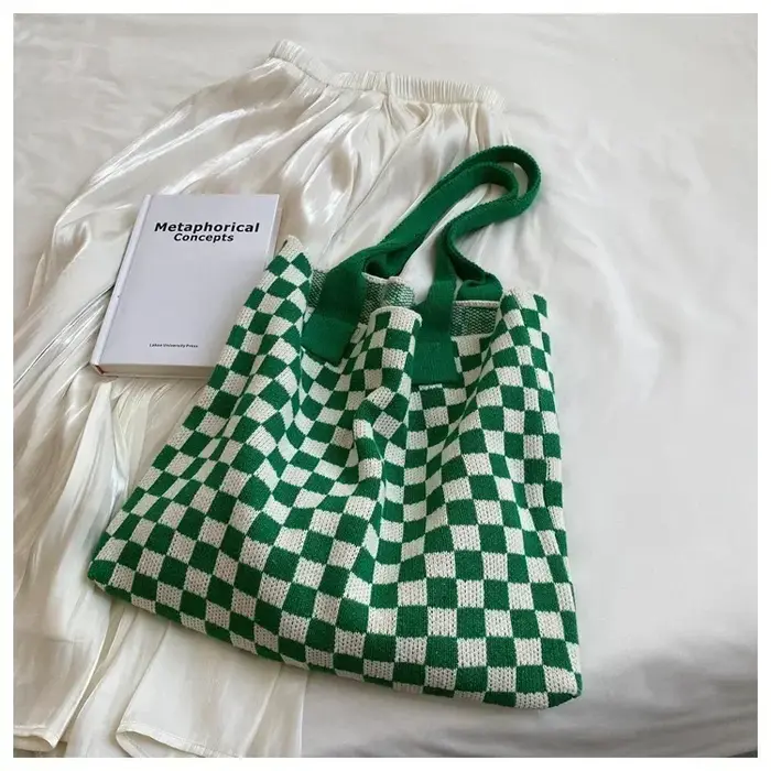 Nouveau Ins sac tricoté mode épaule noir blanc Plaid grand fourre-tout rétro sacs à main pour femme sac à tricoter