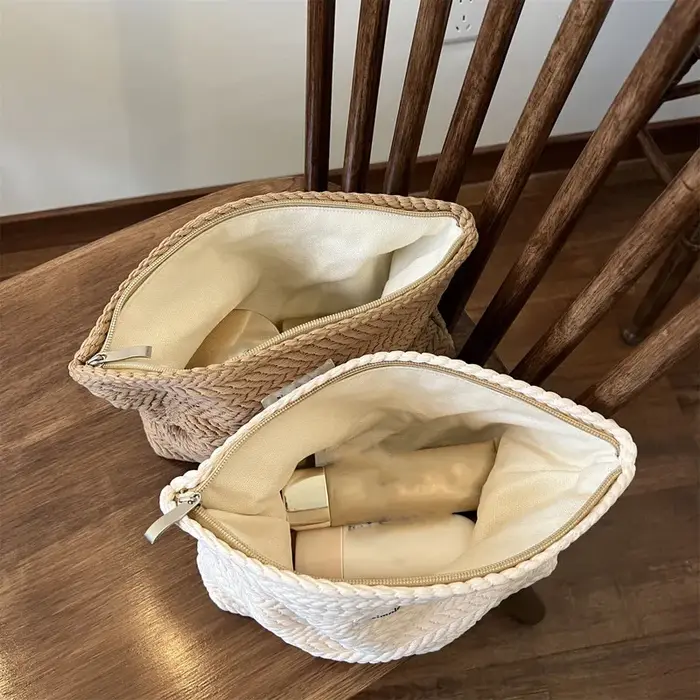 Trousse de maquillage en coton tissé à la main – Pochette cosmétique au crochet artistique avec fermeture éclair