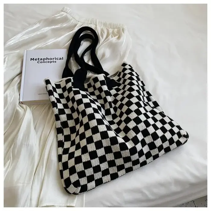 Nouveau Ins sac tricoté mode épaule noir blanc Plaid grand fourre-tout rétro sacs à main pour femme