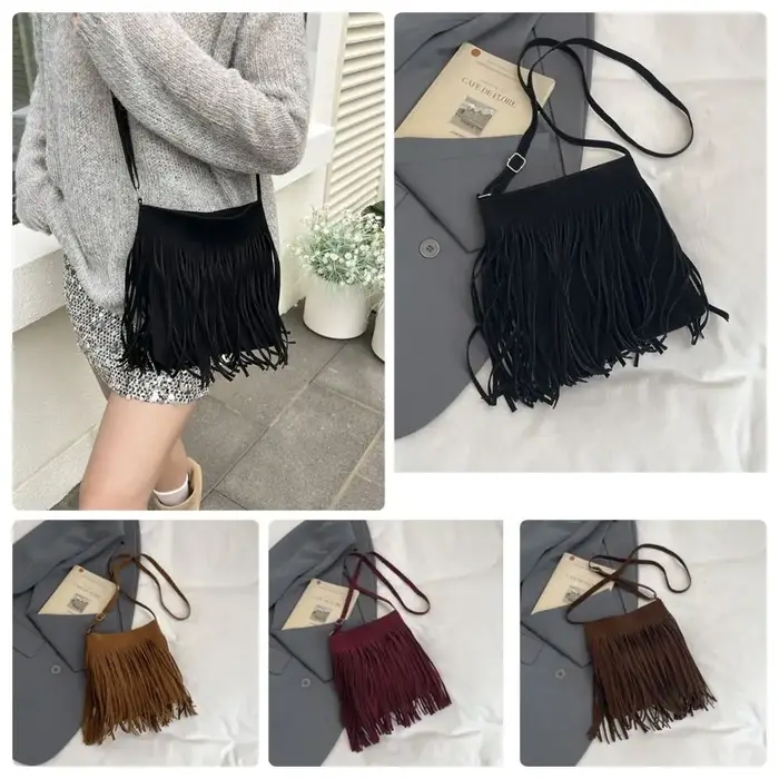 Sac bandoulière vintage en suède à franges