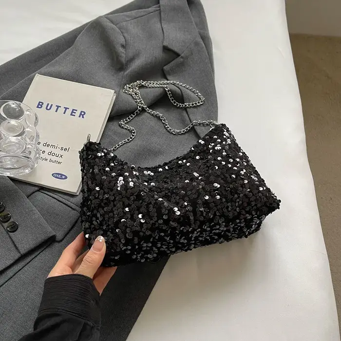Sac à bandoulière Chic à paillettes pour femmes, sac à bandoulière sous les bras avec sangle en chaî