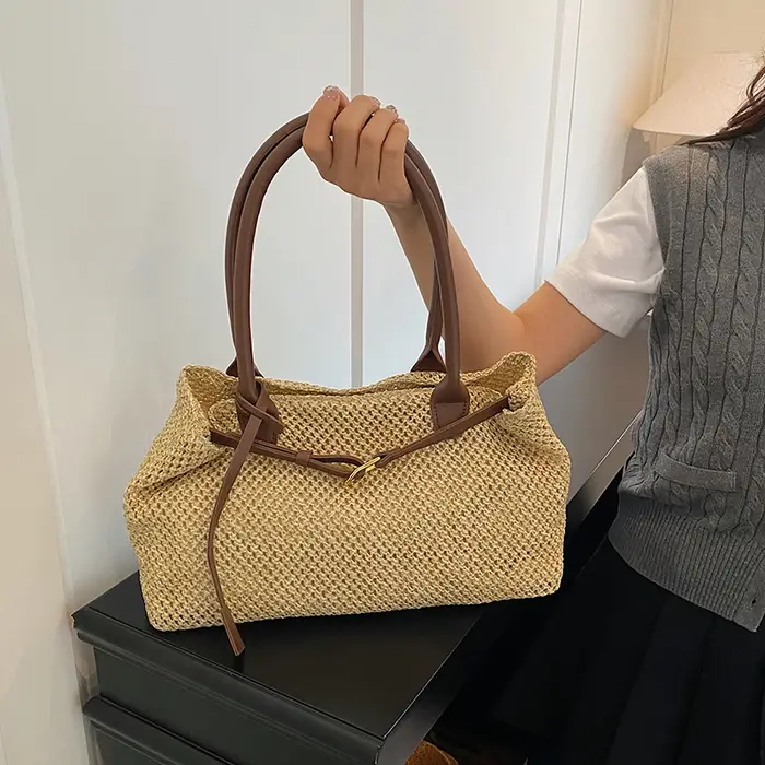 Sac à bandoulière en paille tressée décontracté pour femme, léger et élégant, avec boucle métallique, sac de voyage, de sortie ou de shopping