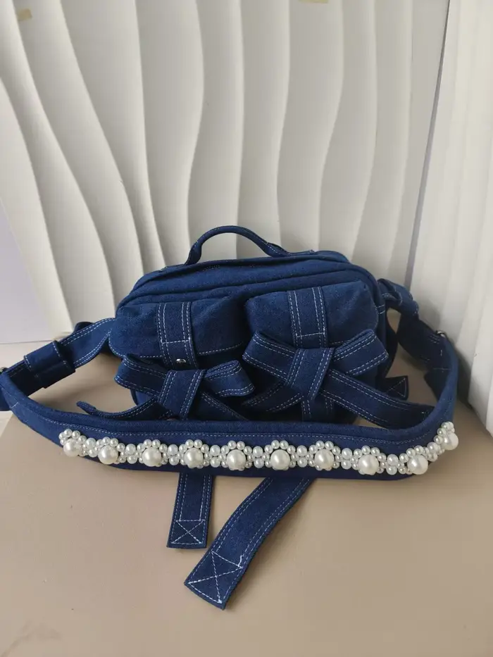 Perle Bow Sac à bandoulière Vintage Denim Sac Femme grande capacité Crossbady Bolsos Mujer japon cor