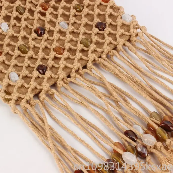 Sac fourre-tout tressé fait main pour femme avec franges à pampilles et détails perlés