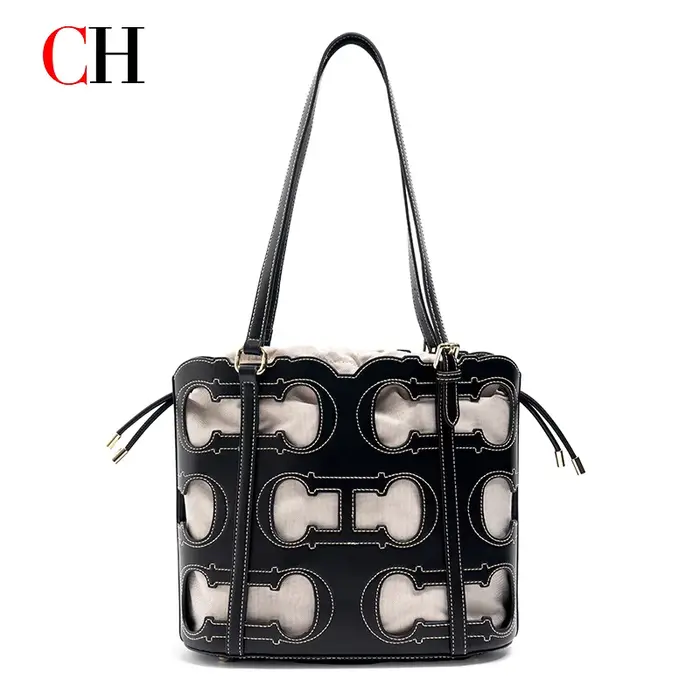 Sac fourre-tout CH pour femme, avec logo découpé, design seau à cordon de serrage, poignée supérieur