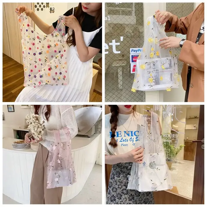 Sacs à main écologiques décontractés, sacs à main brodés, sacs de shopping, sacs à main en maille transparente