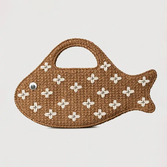 Sac en paille de raphia tressé en forme de poisson