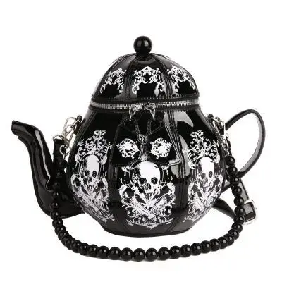 Vintage gothique noir crâne théière forme sac à main femmes perle chaîne Lolita sacs à bandoulière d