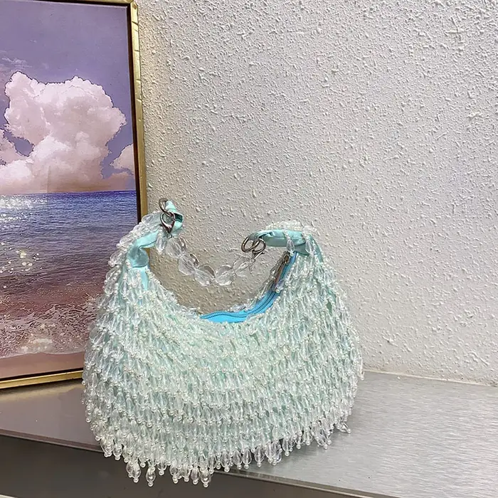 Été frais doux bleu clair à la main perlé frange Design élégant dame dîner sac Chic robe de soirée sac