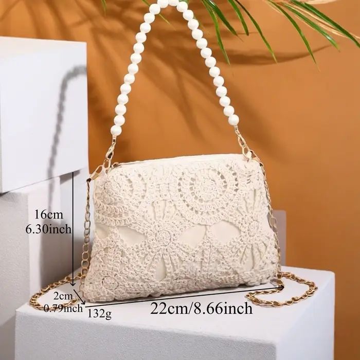 Sac à main femme style français élégant en dentelle avec chaîne de perles