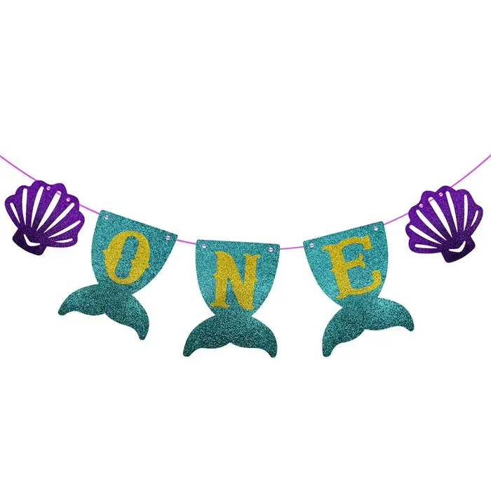 1 sac de guirlande de coquillages violets à paillettes, motif queue de sirène et bannière 'ONE', pou