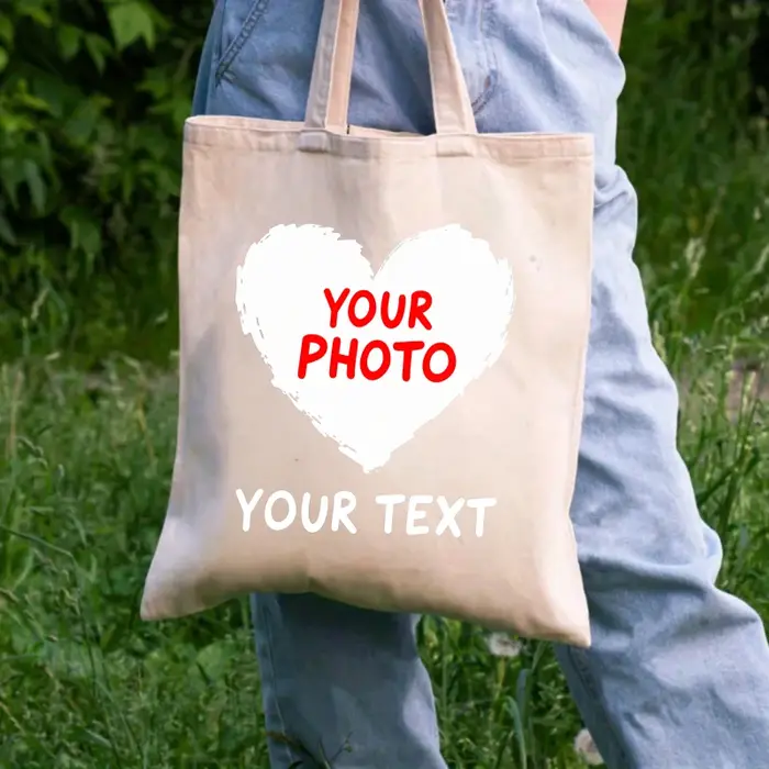 Sac fourre-tout en toile personnalisable avec photo d'amour blanc naturel et impression de texte pour un usage quotidien