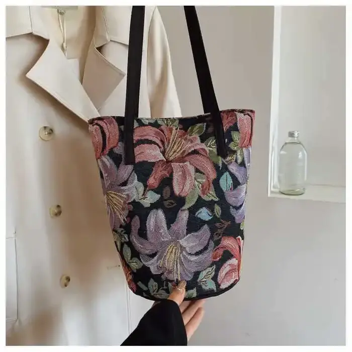 Sac à main imprimé Vintage avec fleur, couleur contrastée, sac intérieur de grande capacité, sac de