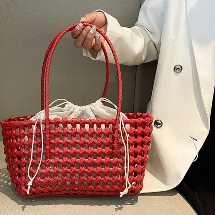 Sac fourre-tout de plage en plastique tressé style campagnard grande capacité