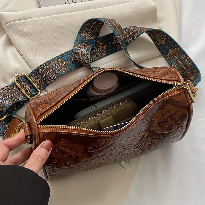 Retro Embossed Flower Leather Shoulder Bag