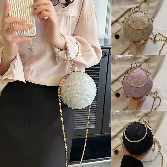 Sac de soirée circulaire en soie brillante dorée pour femmes
