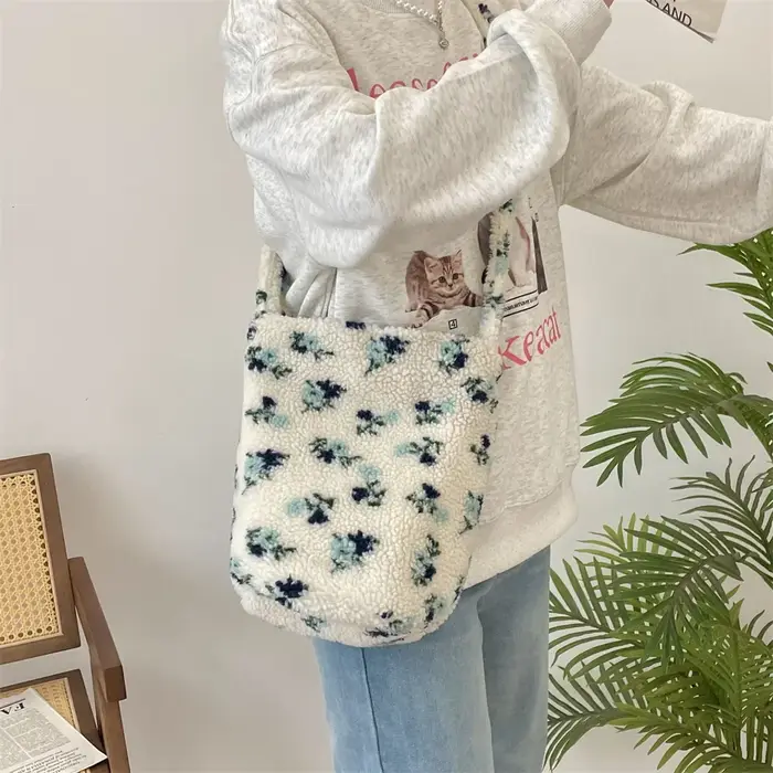 Sac messager vintage en fausse laine d'agneau pour femme