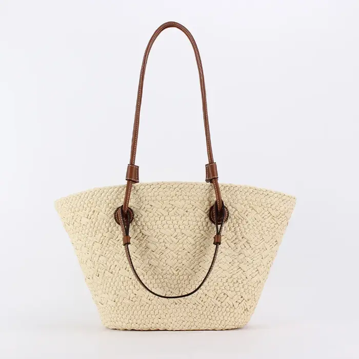 Sac fourre-tout en paille tressée pour femme, sac de plage fait main avec poignée supérieure, sac de